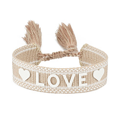 Bronze Bracelet cordon tressé motif mot amour en silicone avec pompons en polyester, bracelet plat réglable pour femme, tan, diamètre intérieur: 5-7/8~9-1/2 pouce (15~24 cm)