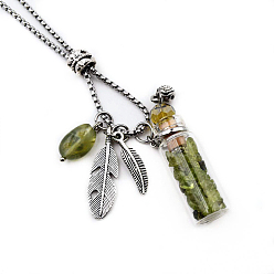 Peridot Natural Peridot Chips Perfume Bottle Pendant Necklace, with Stainless Steel Feather and Random Shapes Gemstone Pendants, Essential Oil Vial Jewelry for Women, 27.56 inch(70cm)