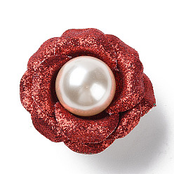 Brique Rouge Simili cuir à paillettes de fleurs avec broche en perles en plastique, épingle en fer ton platine pour sacs à vêtements, firebrick, 43~46x43~44x29mm