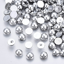 Platino Cabujones de plástico abs, semicírculo, de color plateado platino, 14x7 mm, sobre 1000 unidades / bolsa