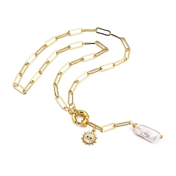 Golden Natural Baroque Pearl Keshi Pearl Lariat Necklaces, with Brass Paperclip Chains and Alloy Rhinestone Pendant, Sun with Eye, Golden, 18.90 inch(48cm), pearl: 13~20mm long, 6~10mm wide