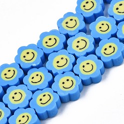 Dodger Blue Handmade Polymer Clay Bead Strands, Flower with Smile, Dodger Blue, 8~10x8~10x4~5mm, Hole: 1.2~1.6mm, about 38~40pcs/strand, 12.99 inch~15.94 inch(33~40.5cm)