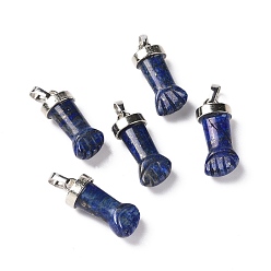 Lapislázuli Naturales lapis lazuli colgantes, amuletos de mano figa, con fornituras de latón de tono platino, 19~24x9~10x6 mm, agujero: 4 mm
