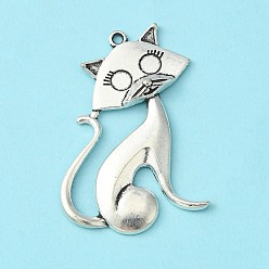 Antique Silver Tibetan Style Alloy Kitten Pendants, Lead Free & Cadmium Free, Cartoon Cat Shape, Antique Silver, 46x30x5mm, Hole: 2mm