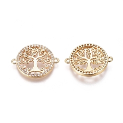 Golden Brass Micro Pave Cubic Zirconia Links connectors, Flat Round with Tree of Life, Clear, Golden, 16x20x3mm, Hole: 1mm