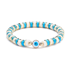 Deep Sky Blue Synthetic Hematite & Polymer Clay Heishi Beads Stretch Bracelet, Evil Eye Beads Bracelet, Power Lucky Bracelet for Women, Deep Sky Blue, Inner Diameter: 2-1/4 inch(5.6cm)