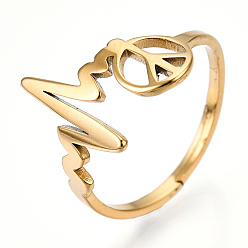 Настоящее золото 18K Ионное покрытие (ip) 304 сердцевина из нержавеющей стали с регулируемым кольцом знака мира, широкое кольцо для женщин, реальный 18 k позолоченный, размер США 6 1/4 (16.7 мм)