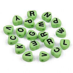 Green Opaque Acrylic Enamel Beads, Horizontal Hole, Heart with Mixed Black Letters, Green, 7x7x4mm, Hole: 1.5mm, about 3600pcs/500g