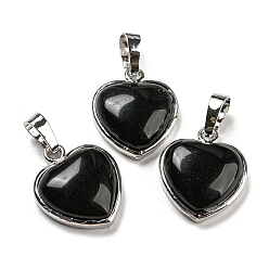 Obsidienne Pendentifs en obsidienne naturelles, Breloques cœur avec fermoirs en laiton plaqué platine, 20.5x17.5x7mm, Trou: 4x8mm