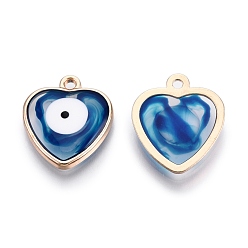 Dodger Blue Alloy Enamel Pendants, Golden, Heart with Evil Eye Pattern, Dodger Blue, 18x16x3mm, Hole: 1.5mm