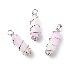 White Jade Natural Purple White Jade Double Terminal Pointed Pendants, with Platinum Tone Copper Wire Wrapped, Bullet, Dyed, 26~26.5x8mm, Hole: 2.5~2.8mm