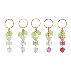Mixed Color Bowknot & Heart Glass Pendant Decorations, with Acrylic Leaf/Flower Charm amd Iron Split Key Rings, Mixed Color, 8.8cm