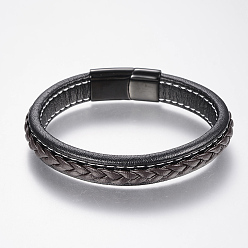 Coloré Bracelets cordon cuir tressé, avec 304 fermoirs magnétiques en acier inoxydable, colorées, 8-5/8 pouces (220 mm), 29x14x8mm