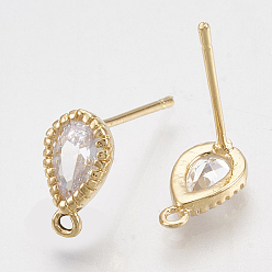 Real 18K Gold Plated Brass Cubic Zirconia Stud Earring Findings, with Loop, Teardrop, Clear, Real 18K Gold Plated, 9.5x5.5mm, Hole: 1mm, Pin: 0.8mm