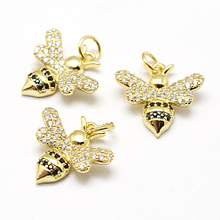 Real 18K Gold Plated Brass Micro Pave Grade AAA Cubic Zirconia Charms, Bees, Lead Free & Nickel Free & Cadmium Free, Real 18K Gold Plated, 15.5x16x3mm, Hole: 3.5mm