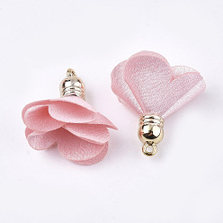 Pink Cloth Pendants, with CCB Plastic, Flower, Golden, Pink, 30~35x25~37mm, Hole: 1.6mm