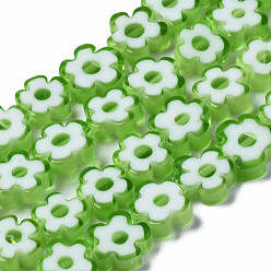 Vert Pâle Main millefiori perles de verre brins, fleur, vert pale, 7.5~9x3mm, Trou: 1mm, Environ 55~57 pcs/chapelet, 15.55 pouces~15.94 pouces (39.5cm~40.5cm)