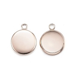 Rose Gold Ion Plating(IP) 304 Stainless Steel Pendant Cabochon Settings, Plain Edge Bezel Cups, Flat Round, Rose Gold, Tray: 14mm, 19x16x2mm, Hole: 2mm