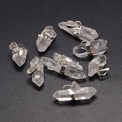 Silver Natural Quartz Crystal Nuggets Pendants, Rock Crystal, with Plated Metal Color Brass Findings, Silver, 20~38x12~14x7~14mm, Hole: 5x8mm
