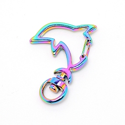 Rainbow Color Zinc Alloy Swivel Lobster Clasps, Swivel Snap Hook, Dolphin, Rainbow Color, 39x28x5.5mm, Hole: 4x8.5mm