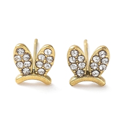Real 18K Gold Plated 304 Stainless Steel with Rhinestone Stud Earrings, Rabbit Ear, Real 18K Gold Plated, 7.2x6.8mm