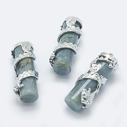 Labradorite Natural Labradorite Pendants, with Brass Findings, Column with Dragon, Platinum, 40.5~41.5x14x15mm, Hole: 3.5x5mm