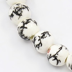 Black Handmade Printed Porcelain Round Beads Strands, with Flower Pattern, Black, 6mm, Hole: 2mm, about 60pcs/strand, 13.58 inch