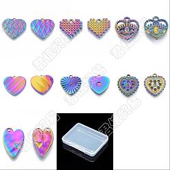 Rainbow Color DIY Jewelry Making Findings Kits, Including 10Pcs 5 Styles 304 Stainless Steel Pendants and 4Pcs 2 Styles 304 Stainless Steel Rhinestone Settings, Heart Mixed Shapes, Rainbow Color, 16.5~24.5x15.5~22x1.5~2.5mm, Hole: 1.5~2mm, 2pcs/style