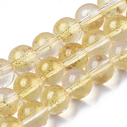 Oro Aerosol pintado hebras de perlas de vidrio transparente, con la hoja de oro, rondo, oro, 10~11 mm, agujero: 1.4~1.6 mm, sobre 39~42 unidades / cadena, 14.84 pulgada ~ 15.27 pulgada (37.7~38.8 cm)