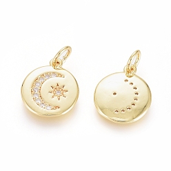 Real 18K Gold Plated Brass Micro Pave Cubic Zirconia Pendants, with Jump Ring, Long-Lasting Plated, Flat Round with Star & Moon, Clear, Real 18K Gold Plated, 14x12x2mm, Hole: 3.5mm