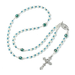 Green Glass Pearl Rosary Bead Necklace, Alloy Cross & Virgin Mary Pendant Necklace, Green, 24.41 inch(62cm)