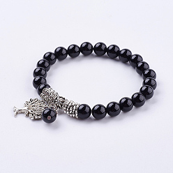 Black Agate Natural Black Agate(Dyed) Stretch Bracelets, with Tibetan Style Pendants, Dyed & Heated,  2 inch(51mm)