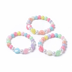 Mixed Color Kids Acrylic Beaded Stretch Bracelets, with Round Eco-Friendly Plastic Imitation Pearl and Heart AB Color Plated Opaque Acrylic, Mixed Color, 1-5/8 inch(4.3cm)