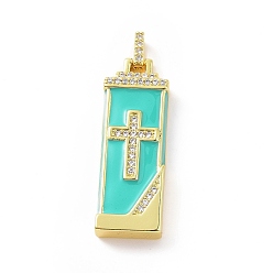 Turquoise Brass Micro Pave Cubic Zirconia Enamel Pendants, Rectangle with Religion Cross Pattern Charm, Golden, Turquoise, 34.5x12x5mm, Hole: 2x4mm