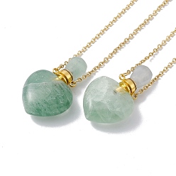 Fluorite Openable Heart Natural Fluorite Perfume Bottle Pendant Necklaces for Women, 304 Stainless Steel Cable Chain Necklaces, Golden, 18.62 inch(47.3cm)