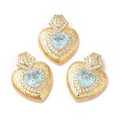Pale Turquoise Rack Plating Brass & Rhinestone Pendants, with Crushed Ice Cut Cubic Zirconia, Heart Charm, Real 14K Gold Plated, Cadmium Free & Lead Free, Pale Turquoise, 30x24x9mm, Hole: 9x3mm