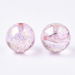 Pink Perles acryliques transparentes, avec de la poudre de paillettes, perles de paillettes, ronde, rose, 19~19.5x19mm, trou: 2.5 mm, environ 110 pcs / 500 g