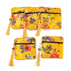 Gold Chinese Style Floral Cloth Jewelry Storage Zipper Pouches, Square Jewelry Gift Case with Tassel, for Bracelets, Earrings, Rings, Random Pattern, Gold, 115x115x7mm