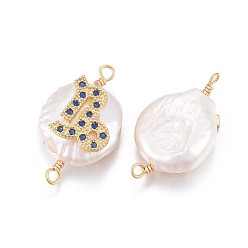 Capricorne Connecteurs de liens de perles naturelles, avec accessoires zircon cubique micro pave en laiton, plat rond avec constellation, or, bleu marine, Capricorne, 20~26x9~17x5~11mm, Trou: 1.6mm