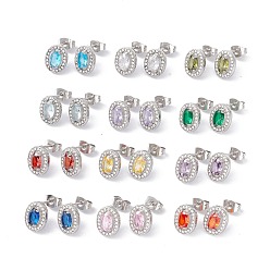 Mixed Color Cubic Zirconia & Rhinestone Oval Stud Earrings, 304 Stainless Steel Jewelry for Women, Stainless Steel Color, Mixed Color, 10x8mm, Pin: 0.6mm