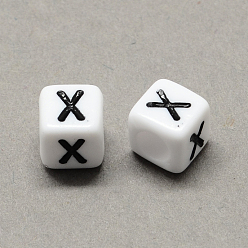 Letter X Grand trou acrylique lettre européenne perles, trou horizontal, blanc et noir, cube avec letter.x, 6x6x6mm, Trou: 4mm, environ2950 pcs / 500 g