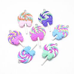 Mixed Color Handmade Polymer Clay Pendants, Lollipop with Bowknot, Mixed Color, 40~53x27~30x7~9mm, Hole: 2mm