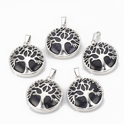Blue Goldstone Synthetic Blue Goldstone Pendants, with Brass Findings, Flat Round with Tree of Life, Platinum, 30.5x27x8mm, Hole: 7x3mm