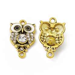 White Alloy Rhinestone Connector Charms, Owl Charms, with Enamel, Antique Golden, White, 25x15x4.5mm, Hole: 2mm