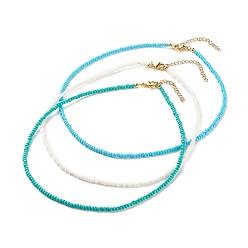 Deep Sky Blue 3Pcs Glass Seed Beaded Necklaces Set, Stackable Necklace for Women, Deep Sky Blue, 15.94~16.02 inch(40.5~40.7cm)