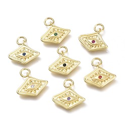 Mixed Color Brass Micro Pave Cubic Zirconia Pendants, with Jump Rings, Diamond with Evil Eye, Real 18K Gold Plated, Mixed Color, 13x15x2mm, Hole: 3.6mm