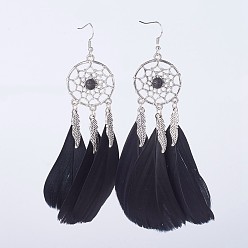 Black Alloy Dangle Earrings, with Brass Earring Hooks, Natural Lava Rock Round Beads and Goose Feather Costume, Woven Net/Web with Feather, Black, 130mm, 110x48x8mm, Pin: 0.6mm