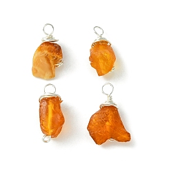 Silver Natural Amber Pendants, Chips Charms, with Brass Loops, Silver, 10~29x8~11x7~10mm, Hole: 2~2.5mm