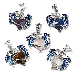 Mixed Stone Natural & Synthetic Mixed Gemstone Pendants, Faceted Heart Charms, with Rack Plating Platinum Plated Brass Enamel Dragon, Mixed Dyed and Undyed, 37mm, Pendant: 30.5x28.5x6.5mm, Hole: 3x3.5mm