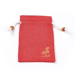 Red Burlap Packing Pouches, Drawstring Bags, with Wood Beads, Red, 14.6~14.8x10.2~10.3cm